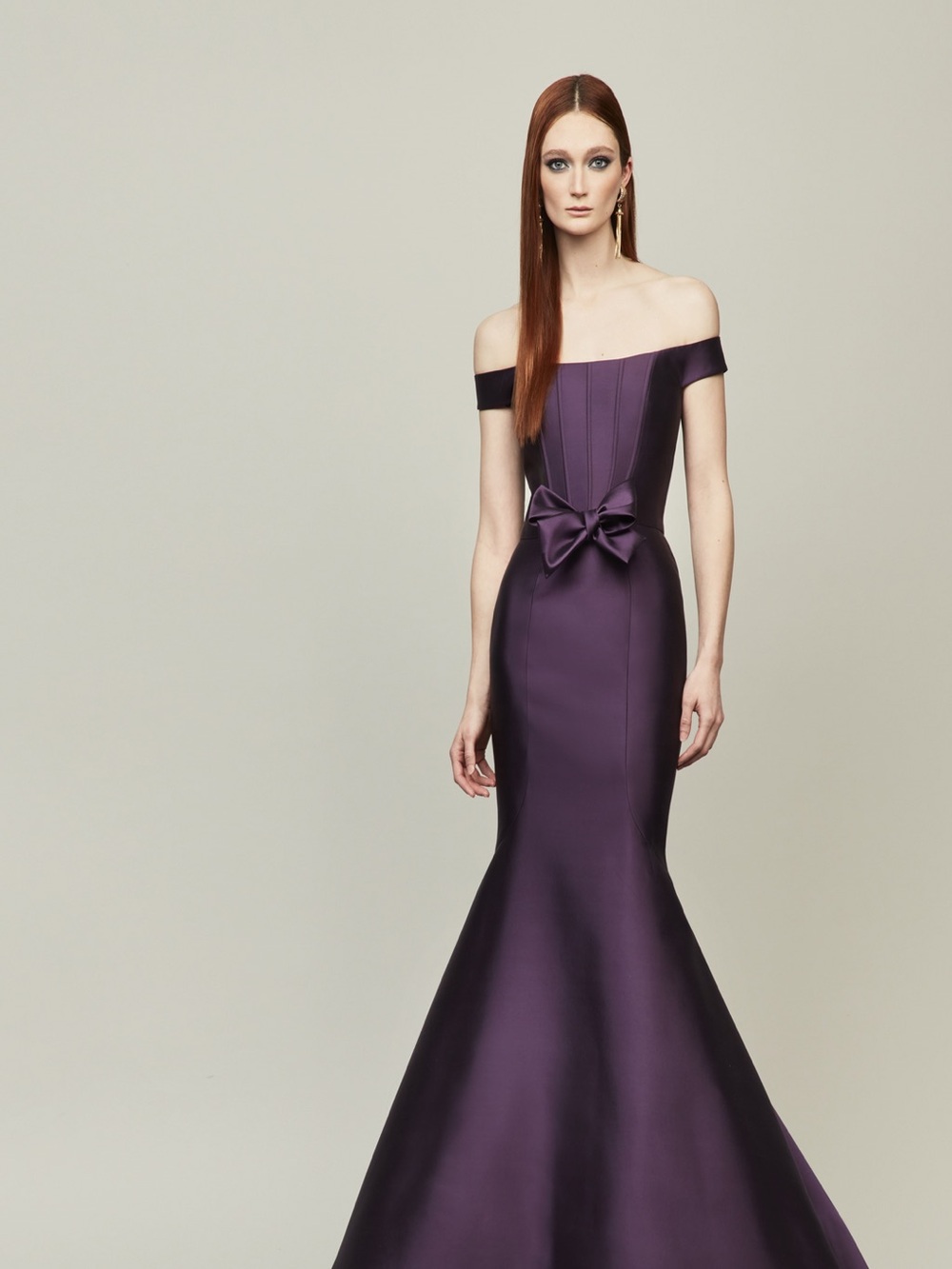 Audrey Brooke Plum One-Shoulder Satin Mermaid Gown with Waist Bow